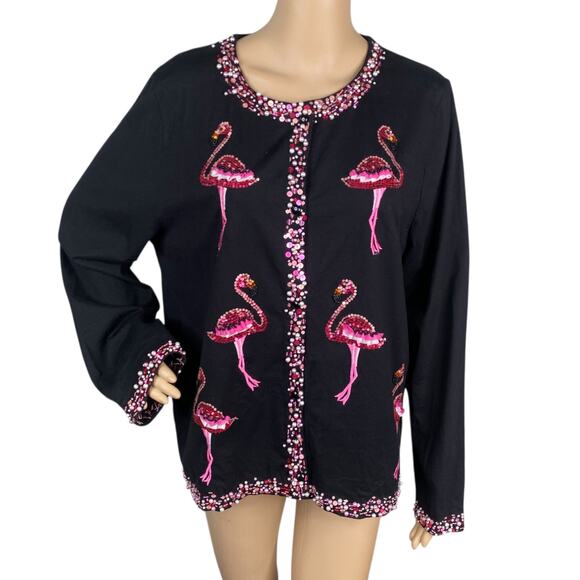 Michael Simon Event RARE Flamingo Sequin Embroidered Black Pink Cardigan SZ XL - Picture 1 of 10